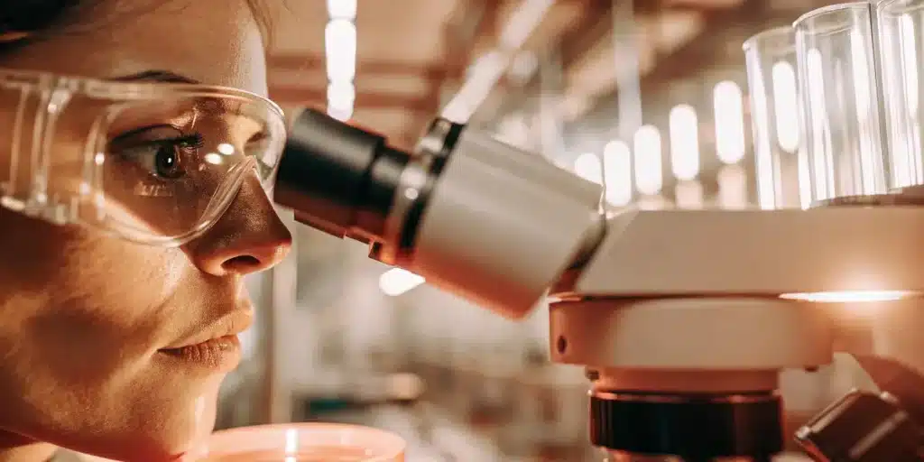 Research scientist using a microscope for cannabis laboratory testing and plant analysis.