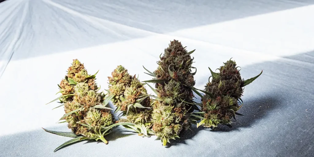 Cannabis plant with frosty trichomes covering its dense buds, glowing under artificial grow lights in a controlled environment.