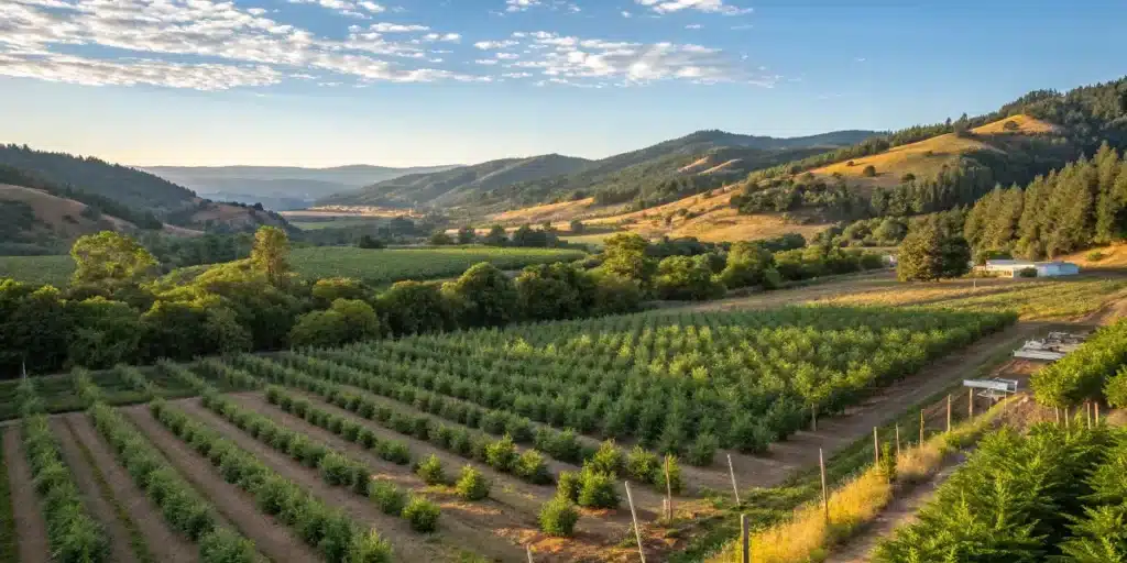 Large cannabis farm in mountain valley with rows of outdoor plants under blue sky.