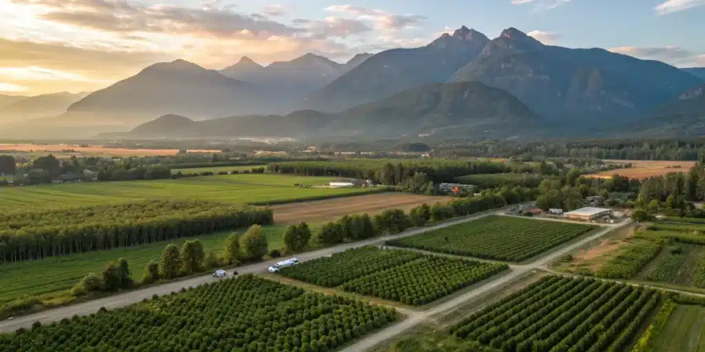 Aerial view of a large cannabis farm surrounded by mountains and forest at sunset.