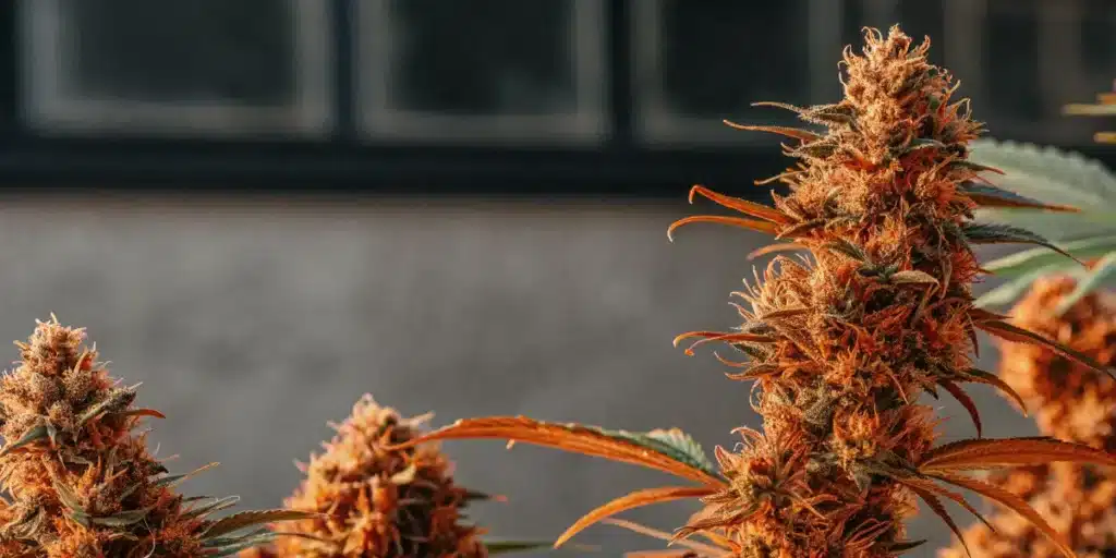 Close-up of mature cannabis buds with orange pistils and resin-rich flowers in indoor cultivation.