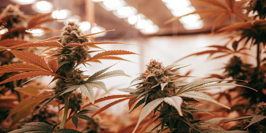 Cannabis buds growing indoors under warm orange grow lights with visible trichomes and broad leaves.