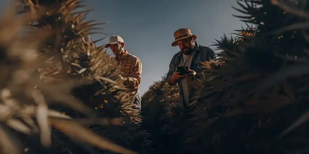 Farm workers checking cannabis crops in an outdoor cultivation field.