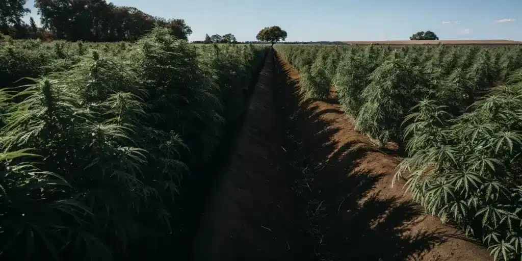 Rows of mature outdoor cannabis plants growing in large agricultural field.