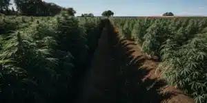Rows of mature outdoor cannabis plants growing in large agricultural field.