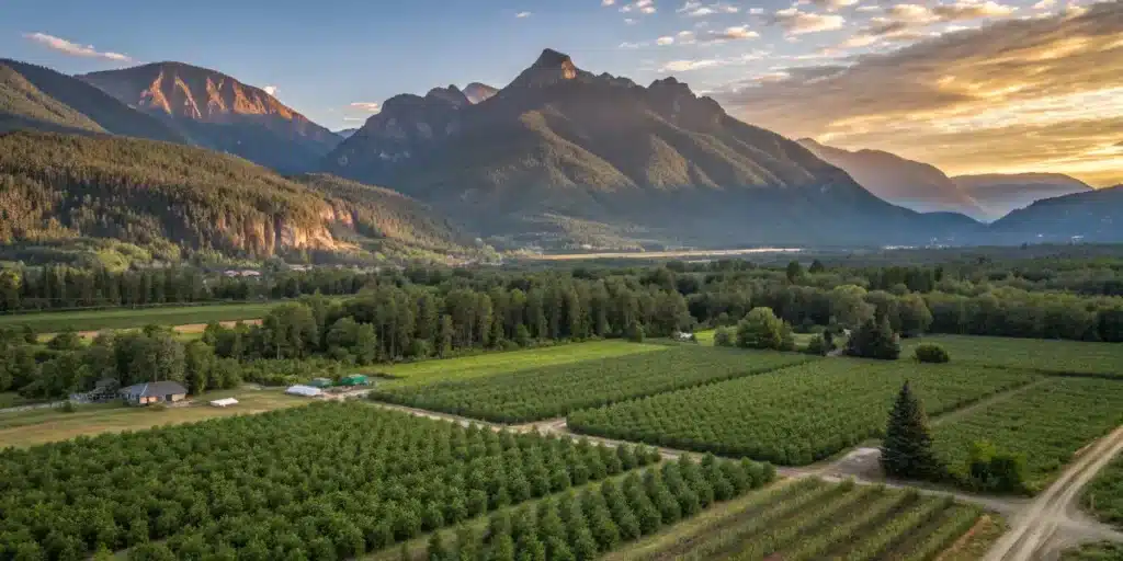 Wide aerial shot of outdoor cannabis fields beneath a mountain range at sunrise.