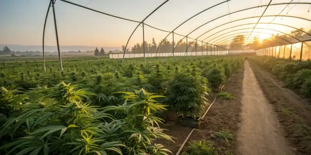 Cannabis plants growing inside a greenhouse tunnel during sunrise on a commercial farm.