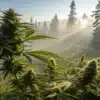 Outdoor cannabis plants growing in a misty mountain forest with sunlight streaming through tall pine trees.