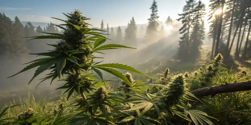 Outdoor cannabis plants growing in a misty mountain forest with sunlight streaming through tall pine trees.