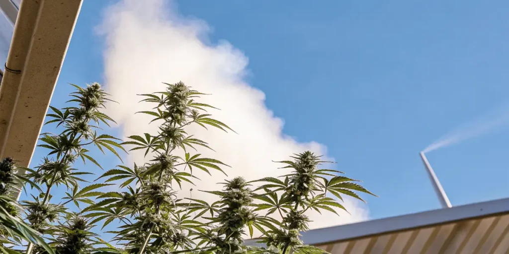 Tall outdoor cannabis plants flowering beneath a bright blue sky with clouds in a natural cultivation environment.