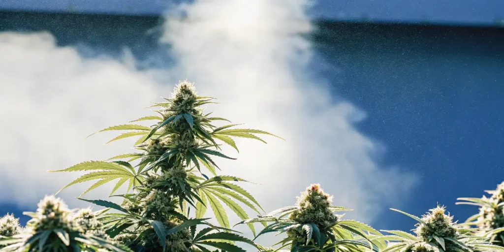Outdoor cannabis plants in flowering stage with a large vapor cloud in the background.