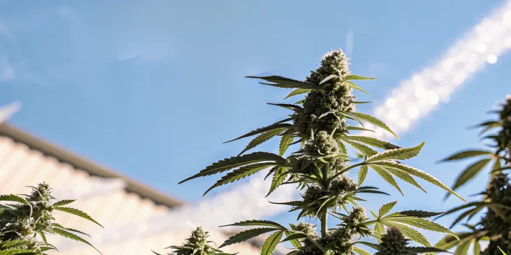 Outdoor cannabis plant flowering under sunlight with clear blue sky and visible aromatic resin-rich buds.