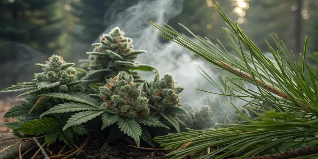 Frosty Pine OG cannabis buds surrounded by pine needles and soft smoke in a forest setting.