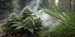 Frosty Pine OG cannabis buds surrounded by pine needles and soft smoke in a forest setting.