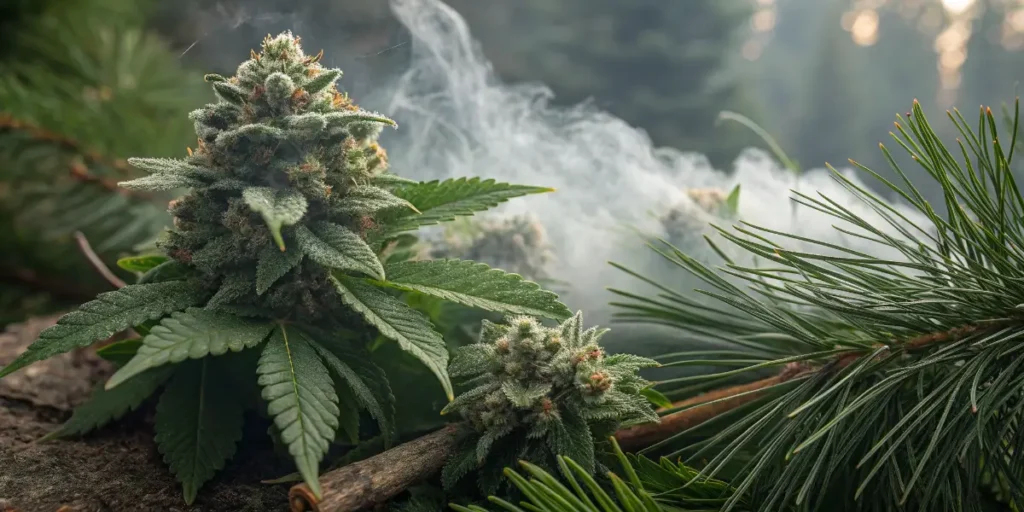 Dense cannabis buds with pine needles and drifting smoke in an outdoor forest-inspired scene.