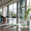 Laboratory beaker with plant sample and PGR testing setup on scientific table.