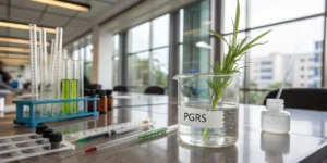 Laboratory beaker with plant sample and PGR testing setup on scientific table.