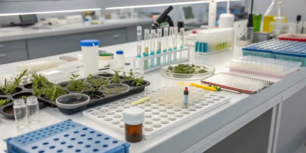 Scientific laboratory bench with cannabis plant samples, test tubes, and laboratory trays.