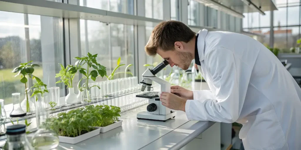 Scientist examining plant samples under a microscope in a bright laboratory.