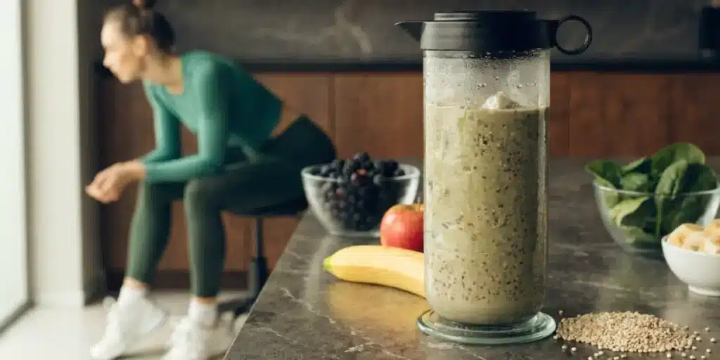 Hemp smoothie in a blender bottle with fruits and seeds, athlete resting after workout.