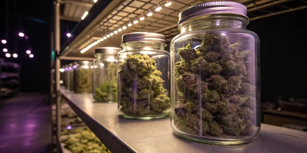 Premium cannabis buds curing inside sealed glass jars on metal shelves in a controlled storage environment.
