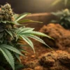 Premium cannabis buds growing in rich organic soil under warm indoor cultivation lighting.