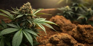 Premium cannabis buds growing in rich organic soil under warm indoor cultivation lighting.
