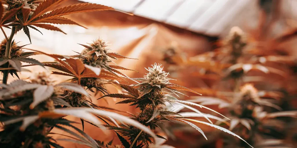 Close-up of premium GG4 cannabis buds growing indoors under warm cultivation lighting.