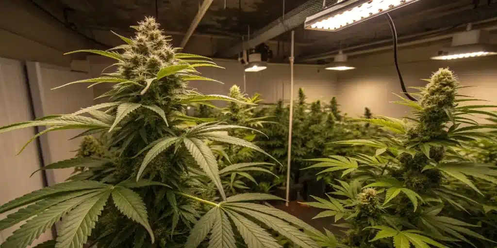 Mature cannabis plants flowering indoors under artificial grow lights in a cultivation facility.