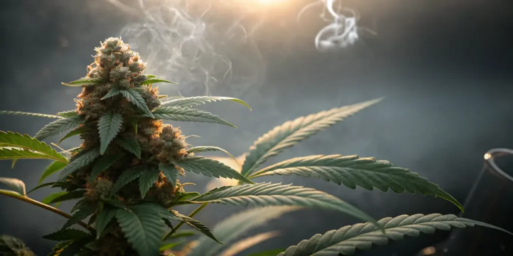 Detailed cannabis bud with resin-covered flowers and leaves captured in soft atmospheric lighting.