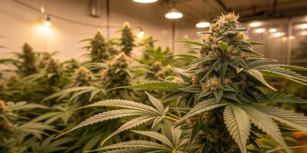 Large resin-covered cannabis buds growing in an indoor cultivation facility under warm lighting.
