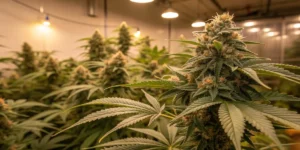Large resin-covered cannabis buds growing in an indoor cultivation facility under warm lighting.