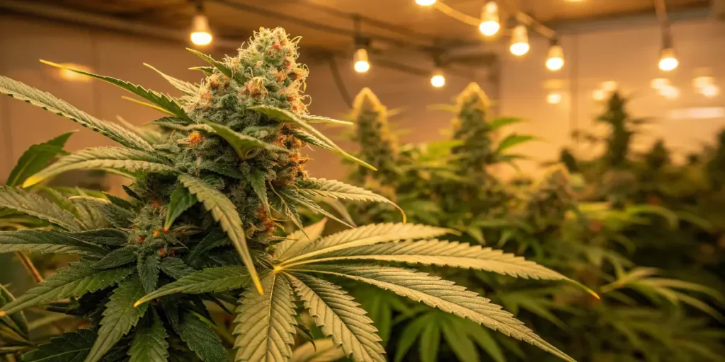 Close-up of a resin-covered cannabis cola inside a modern indoor grow room with warm lighting.