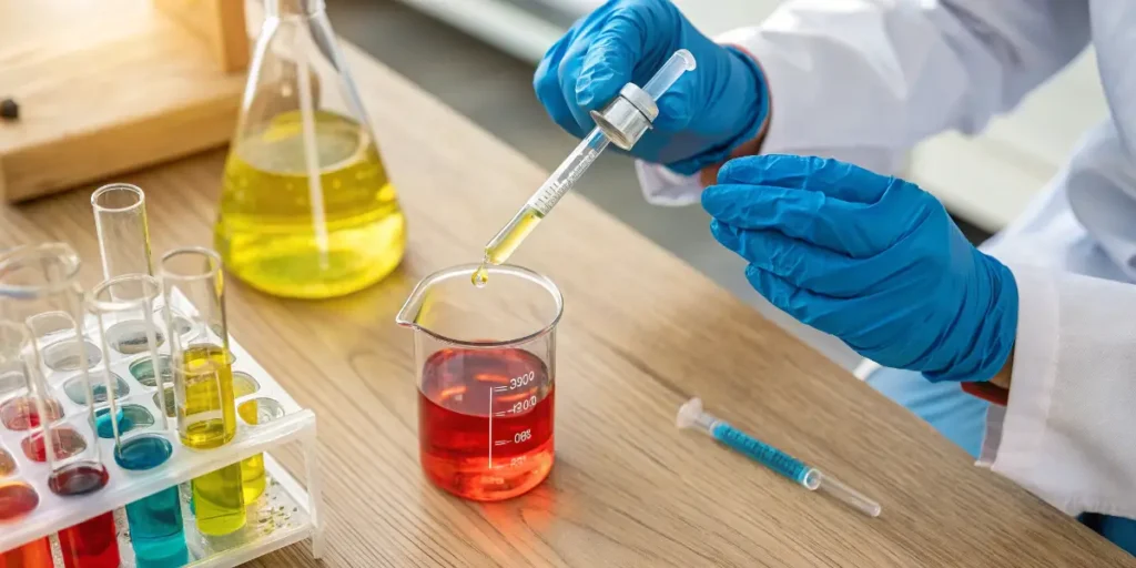 Researcher handling liquid samples with laboratory glassware and syringe tools.