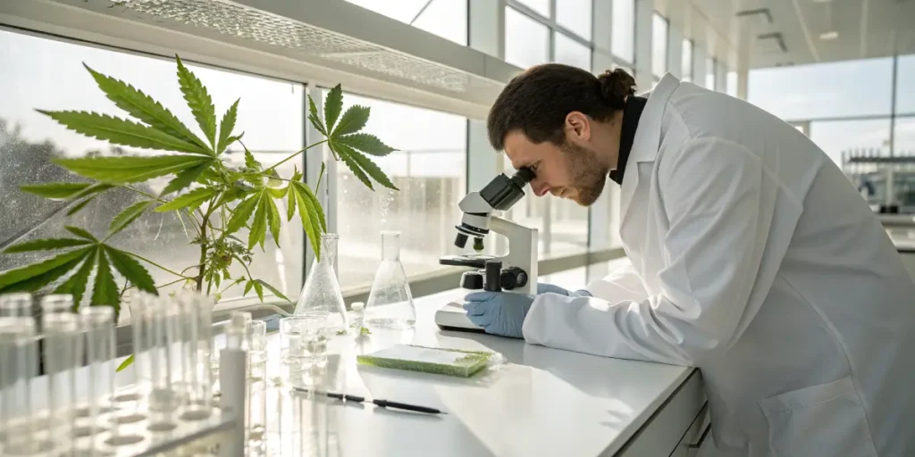Scientist examining cannabis sample with microscope in bright modern laboratory.