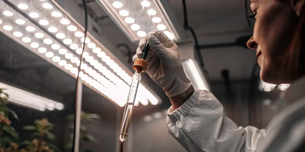 Scientist examining cannabis oil sample with dropper under laboratory lights.