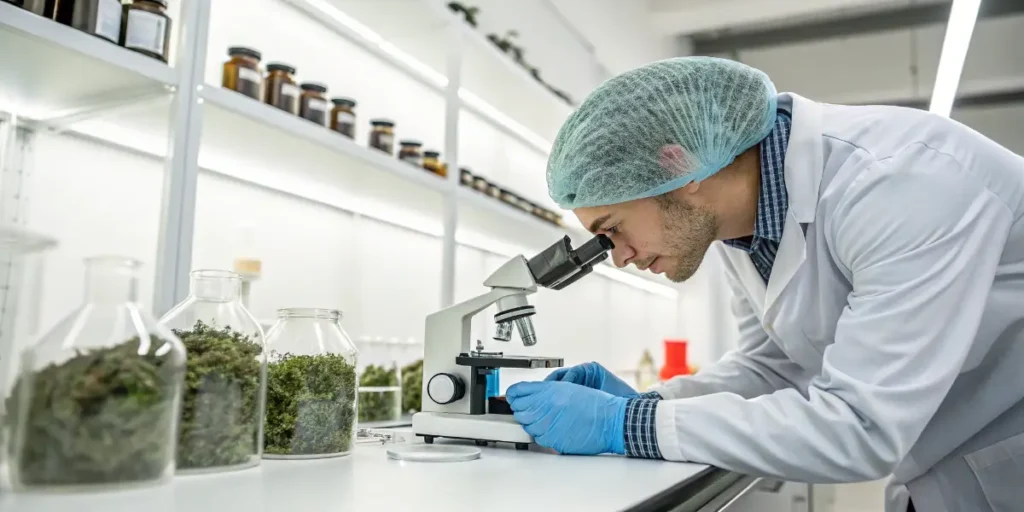 Researcher examining cannabis samples under a microscope in a professional laboratory.