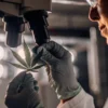 Scientist analyzing cannabis leaf under microscope in advanced research laboratory.