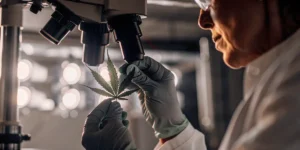 Scientist analyzing cannabis leaf under microscope in advanced research laboratory.