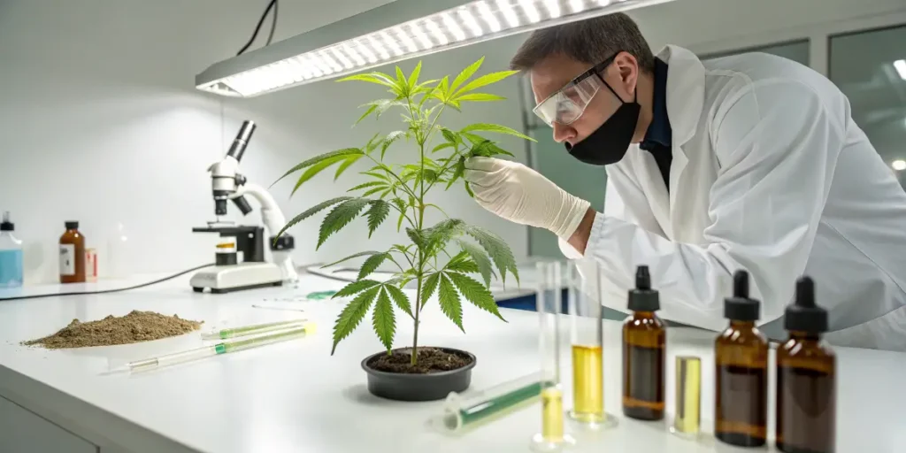 Scientist inspecting cannabis plant in modern laboratory with testing equipment.