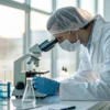 Scientist using a microscope in a sterile laboratory with chemical testing equipment.