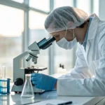 Scientist using a microscope in a sterile laboratory with chemical testing equipment.