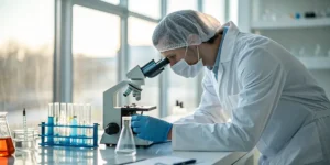 Scientist using a microscope in a sterile laboratory with chemical testing equipment.