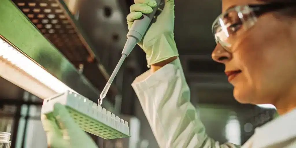 Scientist using pipette for cannabis sample testing in modern laboratory.