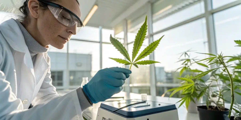 Researcher holding and examining a cannabis leaf in a modern laboratory setting.