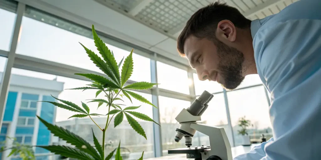 Scientist examining cannabis plant with microscope in modern laboratory.