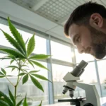 Scientist examining cannabis plant with microscope in modern laboratory.