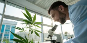 Scientist examining cannabis plant with microscope in modern laboratory.