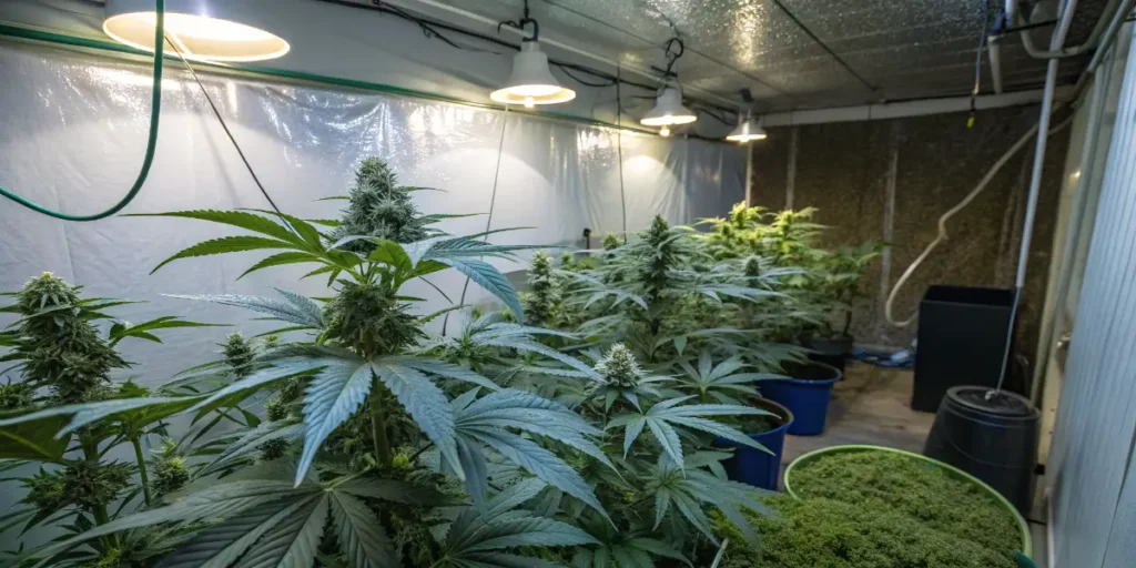Compact indoor cannabis grow setup with mature plants under hanging grow lights.
