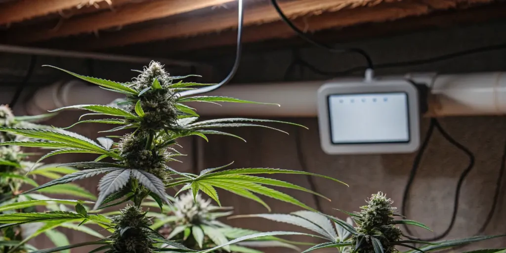 Cannabis plants growing indoors with a digital environmental monitoring system and artificial lighting.